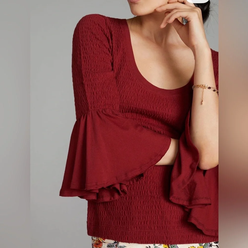 Anthropologie Maroon Bell-Sleeve Scoop Neck Top